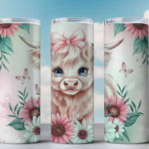 Blush Highland Cow Tumbler Wrap - 20oz Skinny Tumbler PNG, Cute Floral Cow Sublimation, Farmhouse Western Design, Instant Digital Download