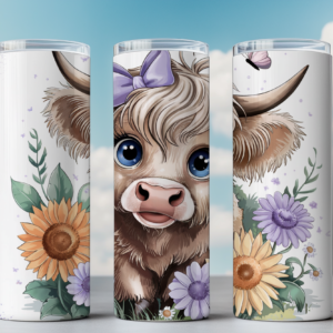 Highland Cow Tumbler Wrap - 20oz Skinny Tumbler PNG, Floral Cow Sublimation