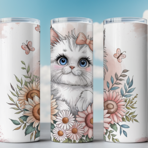 Floral Kitten Tumbler Wrap - 20oz Skinny Tumbler PNG, Cute Cat Sublimation, Boho Floral Cat Design, Instant Digital Download