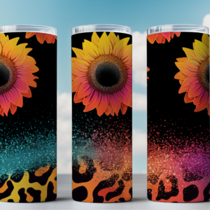 Neon Sunflower Leopard Tumbler Wrap - 20oz Skinny Tumbler PNG, Bright Sunflower Sublimation, Glitter Ombre Cheetah Print, Instant Digital Download