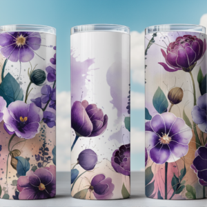 Watercolor Purple Floral Tumbler Wrap – 20oz Skinny Tumbler PNG, Elegant Botanical Sublimation Design