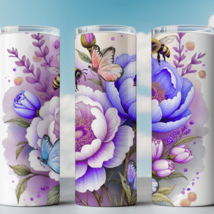 Lavender Floral Bee Tumbler Wrap – Purple Peony PNG for Sublimation