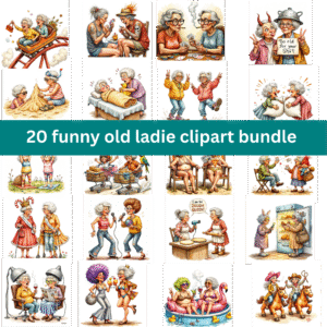 Digital clipart bundle of 20 funny senior women in humorous scenes, perfect for cards, t-shirts, and sublimation crafts.