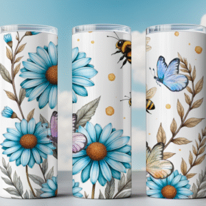 Blue Daisy Tumbler Wrap with Bees and Butterflies – 20 oz Skinny Sublimation PNG