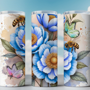 Blue Peony and Bee Tumbler Wrap – Watercolor Floral PNG for 20oz Skinny Tumblers