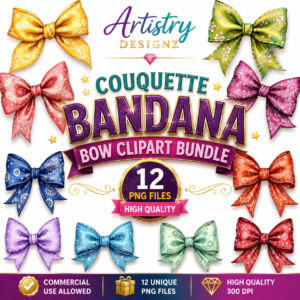 Coquette-style bandana bow clipart set with pastel paisley patterns, perfect for stickers, journaling, and girly design projects.