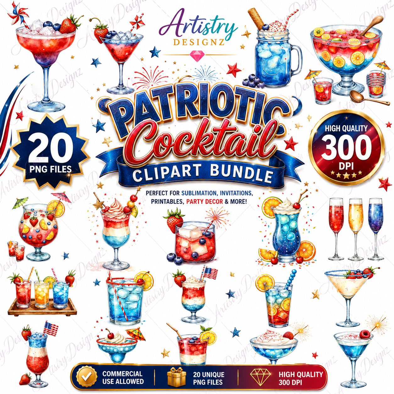 Patriotic Cocktails Clipart Bundle - Festive Drink Graphics for Celebrations