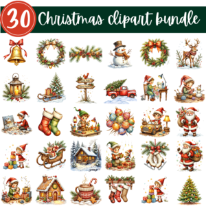 Christmas Clipart Bundle – 30 Festive Holiday PNGs Featuring Santa, Elves, Decor & More for Sublimation & Crafts