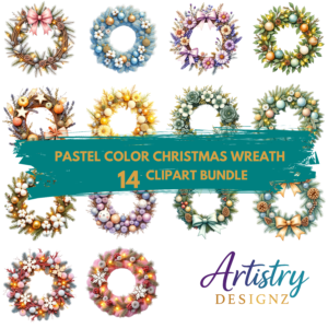 Pastel Christmas Wreath Clipart – 14 Soft Holiday PNGs with Bows, Ornaments & Winter Greens
