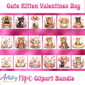 Valentine’s Day Kitten Clipart – 18 Cute Cat PNGs with Hearts, Roses & Love Themes