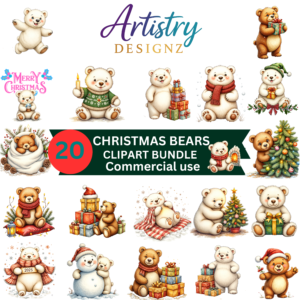 Christmas Bears Clipart Bundle | Cute Winter Bear PNG Set | Holiday Animal Illustrations | 20 PNG Files | Commercial Use