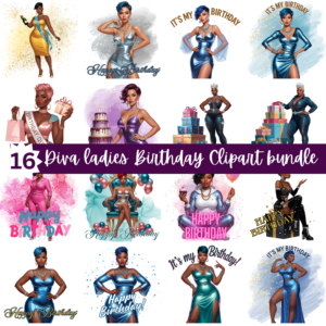 Diva ladies birthday clipart bundle png | glam birthday queen illustrations for party invites, sublimation, journal decor, diy crafts