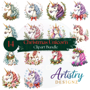 Christmas Unicorn Clipart Bundle PNG | 14 Pastel Unicorns with Holiday Florals | Sublimation Graphics | Instant Digital Download