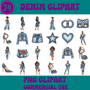 Denim Fashion Clipart Bundle – 24 Trendy Blue Jean PNGs Featuring Outfits, Accessories & Melanin Boss Babes