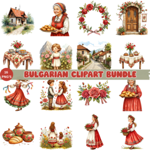 Bulgarian Heritage Clipart Bundle – 16 Folk PNGs Featuring Traditional Costumes, Food, and Village Life
