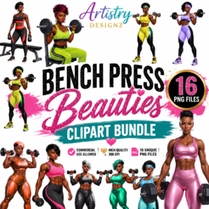 Bench Press Beauties – 16 Diverse Fitness Clipart PNGs for Black Women Gym & Wellness Designs