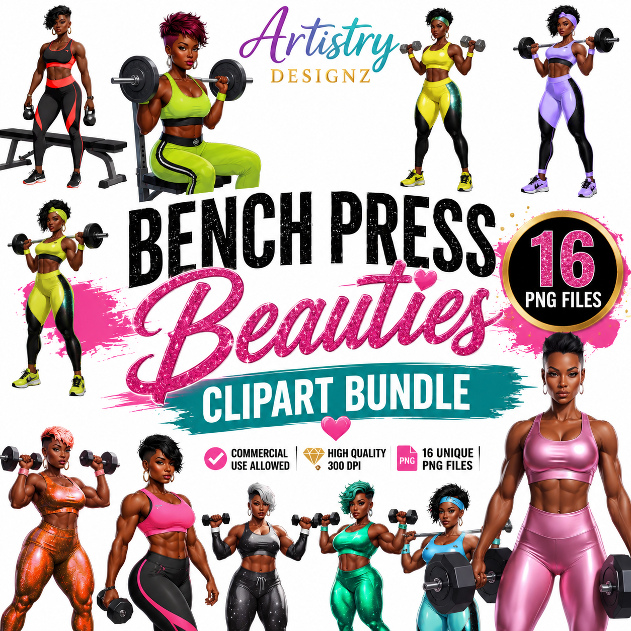 Bench Press Beauties – 16 Diverse Fitness Clipart PNGs for Black Women Gym & Wellness Designs