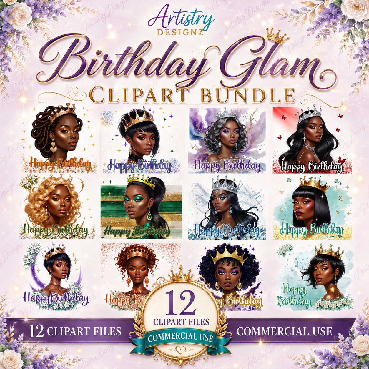Birthday Queen Clipart Bundle – 12 Beautiful Black Girl Birthday PNGs for Sublimation & Crafts