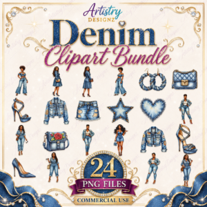 Denim Fashion Clipart Bundle – 24 Trendy Blue Jean PNGs Featuring Outfits, Accessories & Melanin Boss Babes