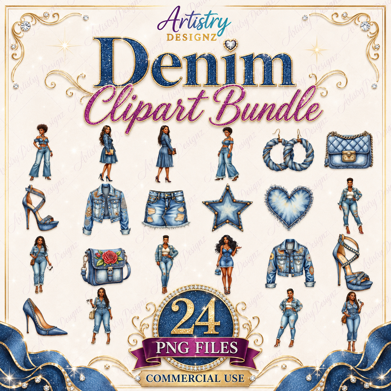 Denim Fashion Clipart Bundle – 24 Trendy Blue Jean PNGs Featuring Outfits, Accessories & Melanin Boss Babes