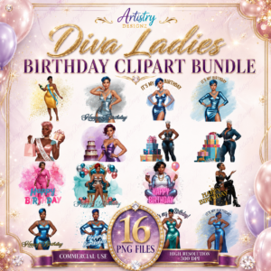 Diva ladies birthday clipart bundle png | glam birthday queen illustrations for party invites, sublimation, journal decor, diy crafts