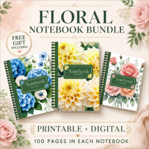 Minimalist Floral Notebook Bundle – 3 Printable Digital Journals, 100 Pages Each – Aesthetic Stationery.