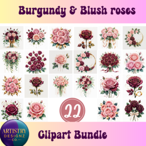 Burgundy and blush pink rose clipart bundle for wedding invites, floral sublimation, card making PNG