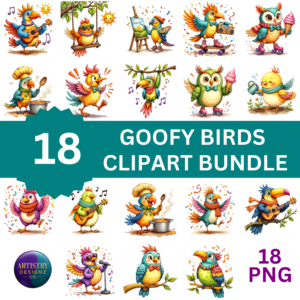 Goofy Birds Clipart Bundle – 18 Funny & Colorful Cartoon Bird PNGs for Crafts & Sublimation