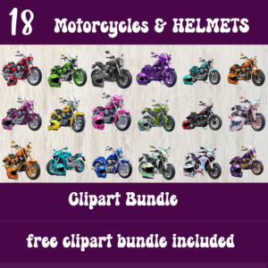 Motorcycle and Helmet Clipart Bundle – 18 Colorful Biker PNGs + Bonus Free Clipart
