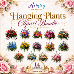 14 Hanging Flower Basket Clipart Bundle – Vibrant Floral Digital PNG Set for Sublimation & Design