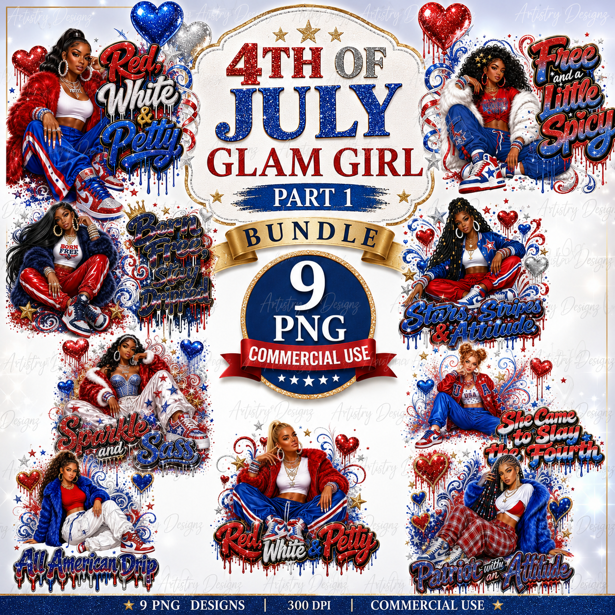 4th of July Glam Girl PNG Bundle, Patriotic Black Girl Sublimation Designs, Red White Blue Clipart, Commercial Use PNG DTF