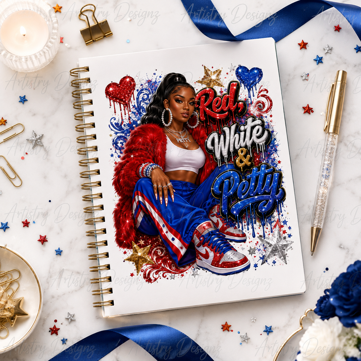 4th of July Glam Girl PNG Bundle, Patriotic Black Girl Sublimation Designs, Red White Blue Clipart, Commercial Use PNG DTF - Image 4