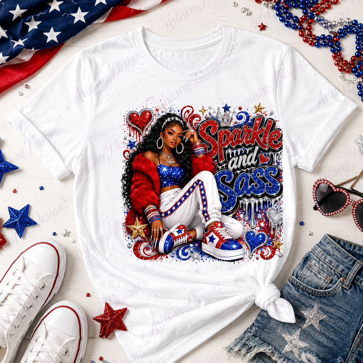 4th of July Glam Girl Part 2 DTF PNG Bundle, Patriotic Black Girl Sublimation Designs, Red White Blue Clipart - Image 8