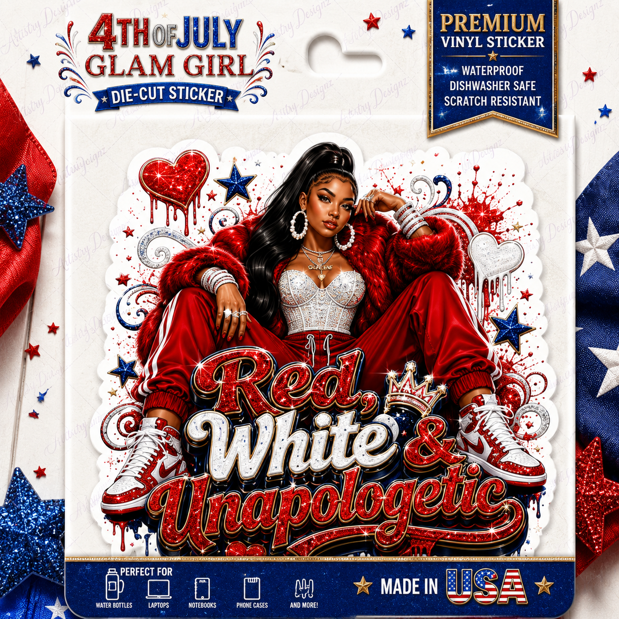 4th of July Glam Girl Part 2 DTF PNG Bundle, Patriotic Black Girl Sublimation Designs, Red White Blue Clipart - Image 3