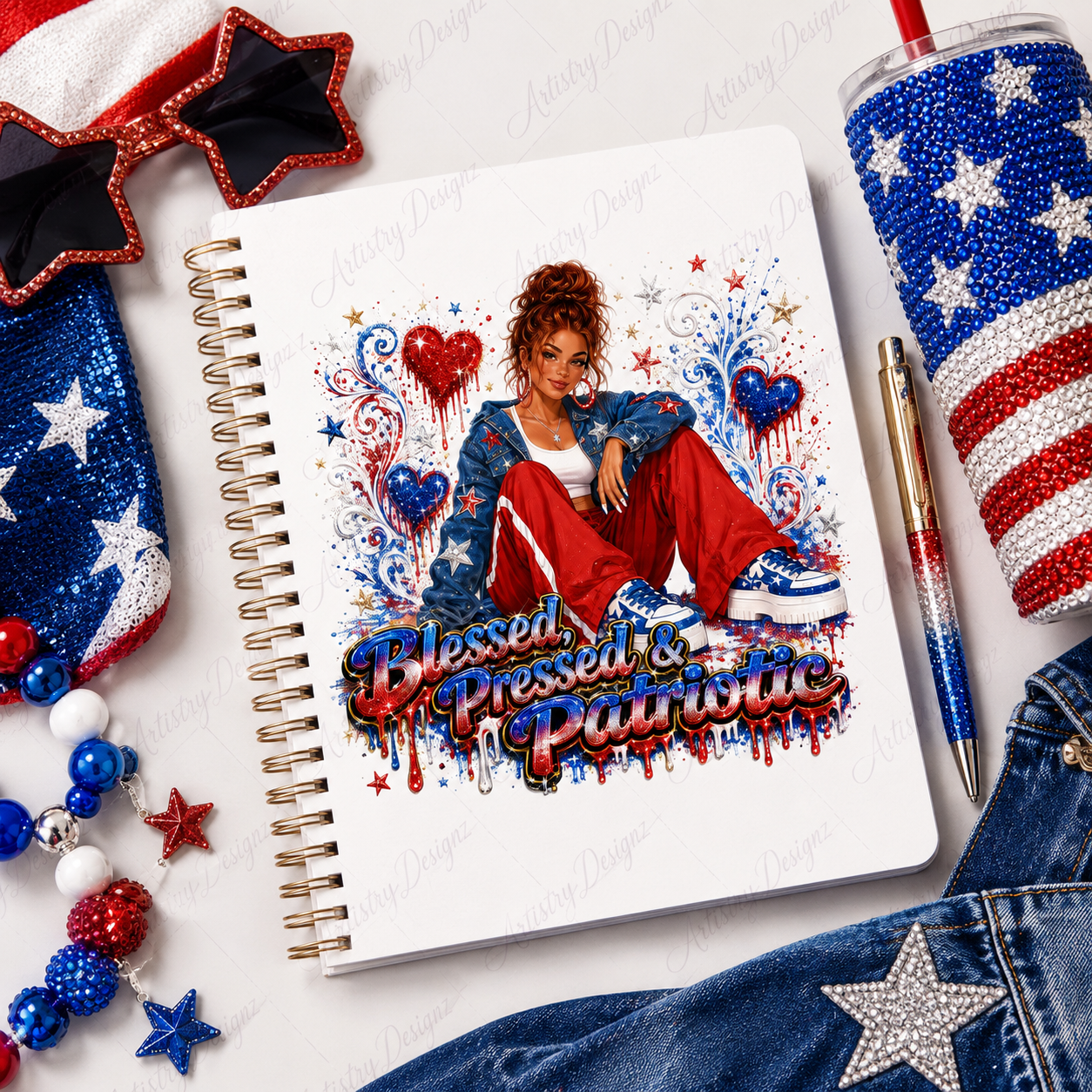 4th of July Glam Girl Part 2 DTF PNG Bundle, Patriotic Black Girl Sublimation Designs, Red White Blue Clipart - Image 2