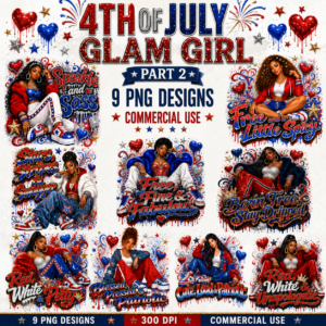 4th of July Glam Girl Part 2 DTF PNG Bundle, Patriotic Black Girl Sublimation Designs, Red White Blue Clipart