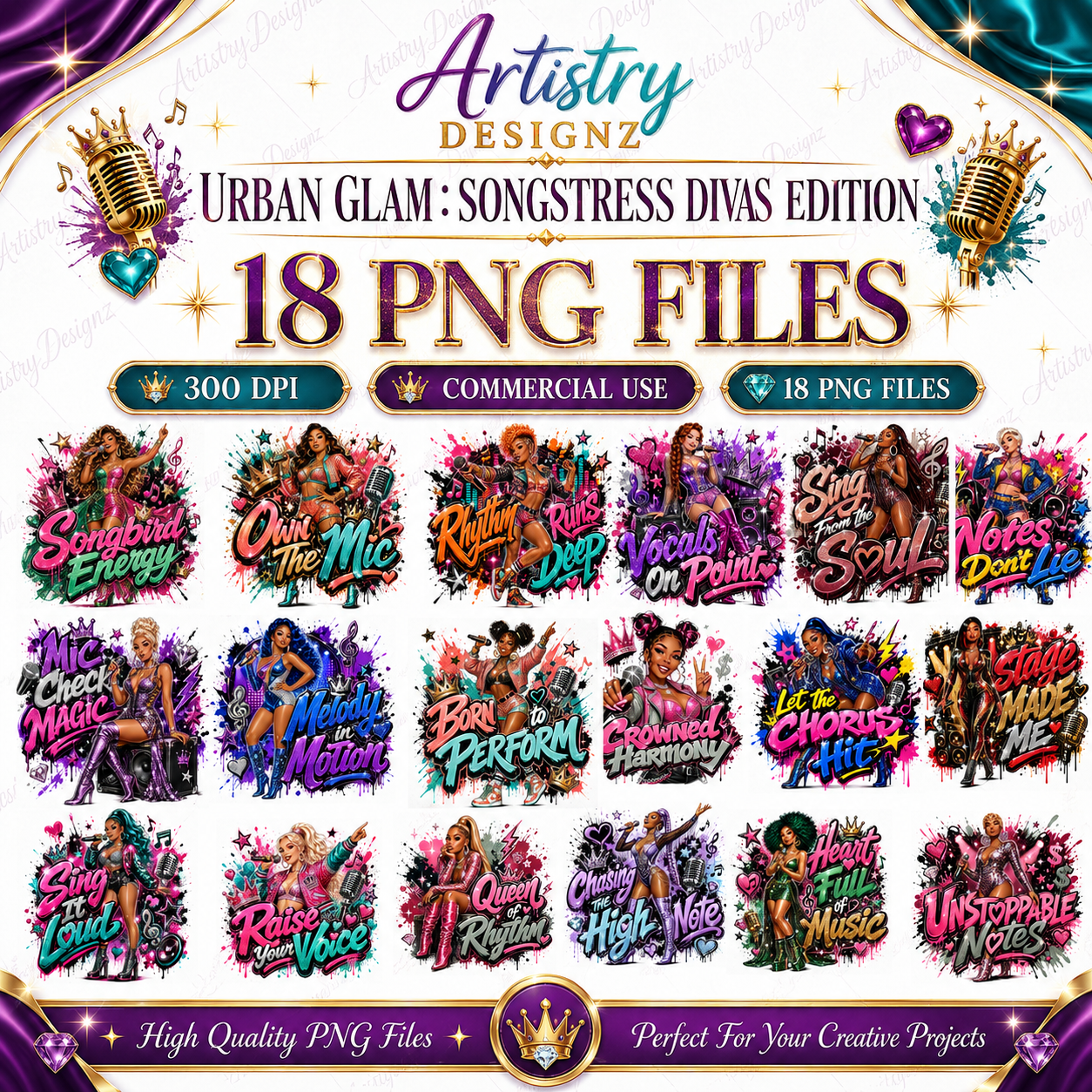 Urban Glam Songstress Divas PNG Bundle, Singer Sublimation Clipart, Music Diva Graphics, Commercial Use Digital Download