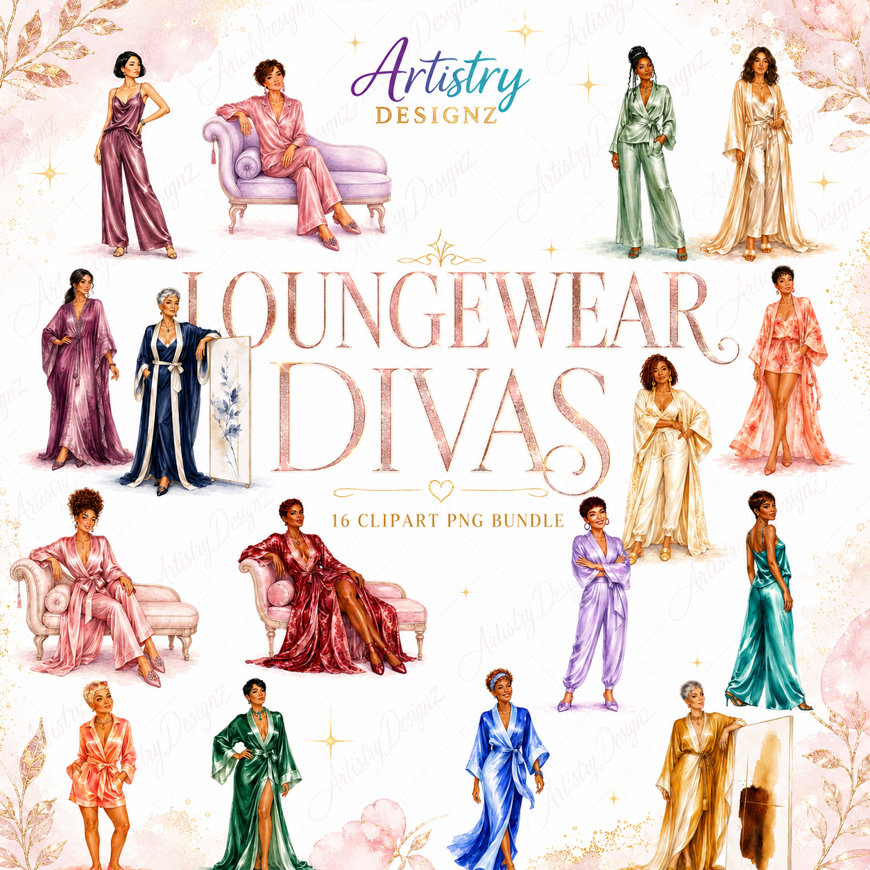 Loungewear Divas Clipart PNG Bundle, Pajama Robe Fashion Girls, Sleepwear Woman Sublimation, Commercial Use Graphics