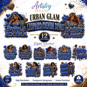 Urban Glam Leopard Denim Divas PNG Bundle, Black Girl Sublimation Designs, Blue Leopard Clipart, Diva Denim PNG