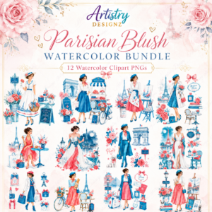Parisian Blush Watercolor Clipart Bundle, Paris Fashion PNG, Eiffel Tower Floral Clipart, French Girl Sublimation Graphics
