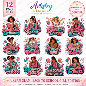 Back to School Girl PNG Bundle, 12 Urban Glam School Designs, Student Sublimation PNG, School Girl Graphics, Commercial Use