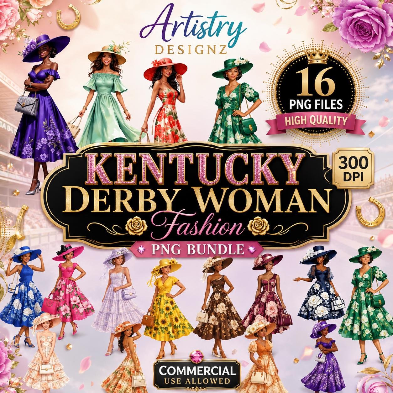 Kentucky Derby Woman Clipart Bundle, Floral Fashion PNGs (Digital Download)
