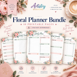 Floral Printable Planner Bundle – 10 Page Daily Planning, Habit Tracking & Gratitude Journal Set