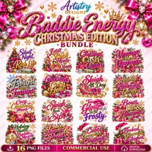 Baddie Energy Christmas PNG Bundle, 16 Pink Gold Holiday Sublimation Designs,